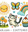 可愛的貓、彩虹和向日葵田 114772463