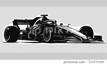 Drawn illustration. Futuristic black race car with large wing and sleek design against white background. Motorsport and speed. 114772497