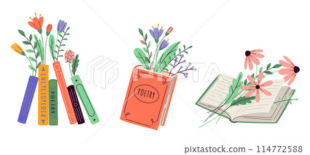 Books with flowers bouquets 2D linear cartoon objects set 114772588