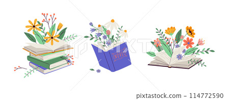 Books with flowers bouquets 2D linear cartoon objects set 114772590
