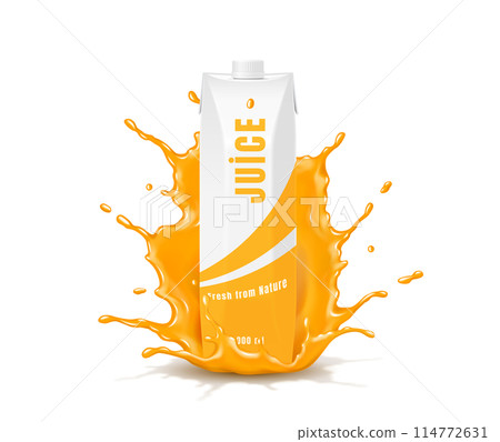 Juice packaging with orange drink splash vector illustration Juice packaging with orange drink splash vector illustration 114772631