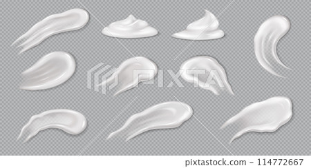 Cream smear set. Natural moisturizing gel for skin care. Realistic 3D texture cosmetic spot milk 114772667