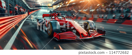 Modern race car speeding down race track with crowdy of fans stages at sunset. Car's wheels blurred. Motion blur. 114772682