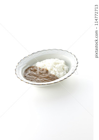 Simple curry rice photographed alone on a white background 114772713