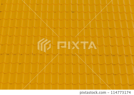 Yellow Bright Vibrant Tile Roof Covering House Surface Mosaic Abstract Pattern Texture Background Home Structure Backdrop 114773174