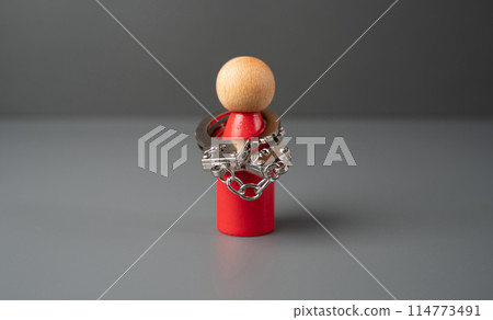 A man handcuffed to himself. The concept of complexes and stiffness. Shyness. High risk of mental breakdown. Depression and frustration. Censure, psychological abuse. Get outside the box. A man handcuffed to himself. The concept of complexes and stiffness. Shyness. High risk of mental breakdown. Depression and frustration. Censure, psychological abuse. Get outside the box. 114773491