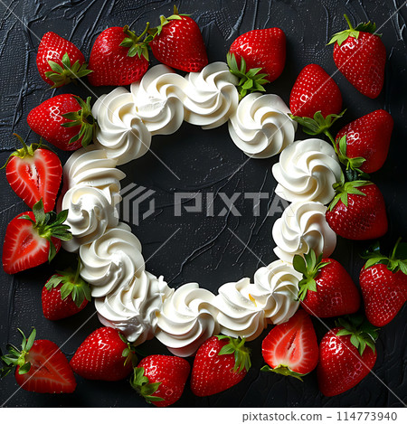 Frame of vibrant ripe strawberries with whipped cream on a black background, free space for text, for cards, packaging design 114773940