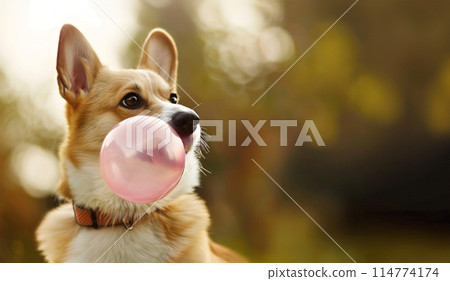 Cute dog blowing a huge pink bubble gum, copy space 114774174