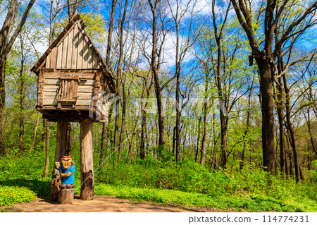 Wooden fairytale house of Baba Yaga in the Krasnokutsk park, Kharkiv region, Ukraine 114774231