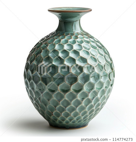 Embossed Sage Green Ceramic Vase with Coastal Pattern 114774273