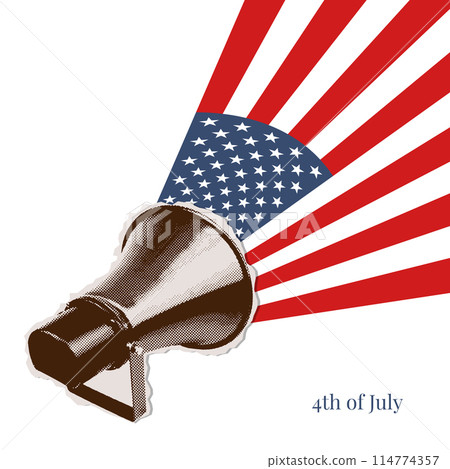 Halftone collage Fourth of July vintage greeting banner. Congratulatory card for Independence Day of America with megaphone with American flag. Vector minimalistic illustration. 114774357