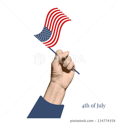 Happy Independence Day concept. Halftone collage Women's hand holding flag of USA with text isolated on white background. USA Independence Day banner in vintage style. Vector design. 114774359