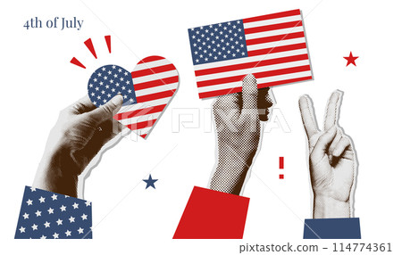 Halftone collage hands holding USA flag in the shape of a heart, showing victory gesture. Independence day greeting card template. Vintage vector illustration. Halftone collage hands holding USA flag in the shape of a heart, showing victory gesture. Independence day greeting card template. Vintage vector illustration. 114774361