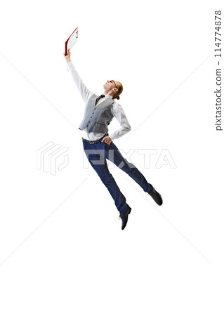Dynamic Achievement. Business professional in formal attire reaches out with folder against white studio background. Modern work life. Dynamic Achievement. Business professional in formal attire reaches out with folder against white studio background. Modern work life. 114774878
