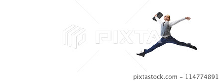 Banner. Stylish professional in grey vest and blue pants jumping, shows flexibility and dynamism at work against white studio background. 114774891