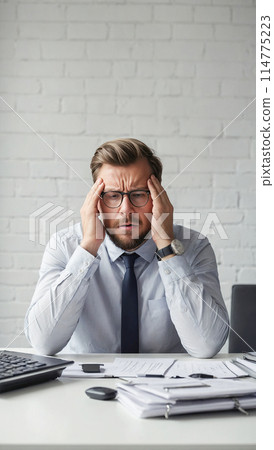 Tired businessman using laptop in office. Headache, problems, fatigue, burnout at work. 114775223