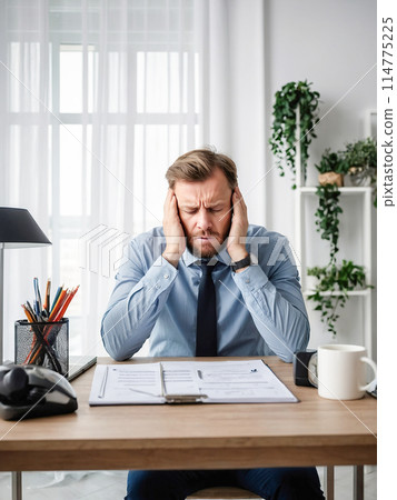 Tired businessman using laptop in office. Headache, problems, fatigue, burnout at work. Tired businessman using laptop in office. Headache, problems, fatigue, burnout at work. 114775225