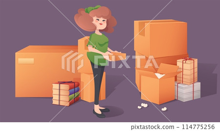 Woman with home stuff in box. Move storage icon Woman with home stuff in box. Move storage icon 114775256