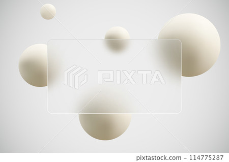 Rectangular plate with spheres in glass morphism style, abstract background. 114775287