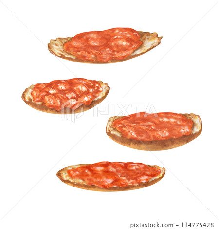 Apricot jam on a piece of bread, poured in waves and splashes. Watercolor illustration for design templates of sweet harvest, summer fruits, juices, canned food, marmalade and sweets Apricot jam on a piece of bread, poured in waves and splashes. Watercolor illustration for design templates of sweet harvest, summer fruits, juices, canned food, marmalade and sweets 114775428