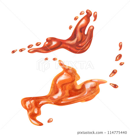 Apricot orange jam and juice, poured in waves and splashes. Watercolor illustration for design templates of sweet harvest, summer fruits, juices, canned food, marmalade and sweets Apricot orange jam and juice, poured in waves and splashes. Watercolor illustration for design templates of sweet harvest, summer fruits, juices, canned food, marmalade and sweets 114775440