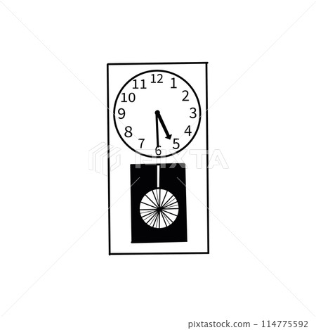 Wall clock with strike and pendulum, with dial. Vector illustration. Clock drawn in vector in black, black outline on a white background. For design, creating 3D visualizations, printing, scrapbooking 114775592