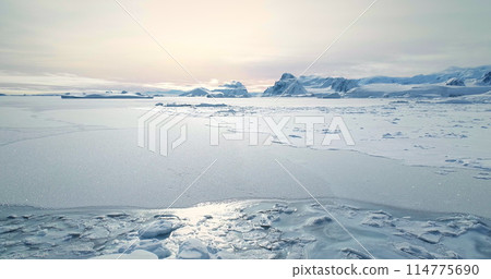 Fly over frozen Antarctic snow covered land in sunset. Untouched wilderness of South Pole. Desert white landscape, snow and ice aerial drone shot. Mountains in background. Nature polar conservation 114775690