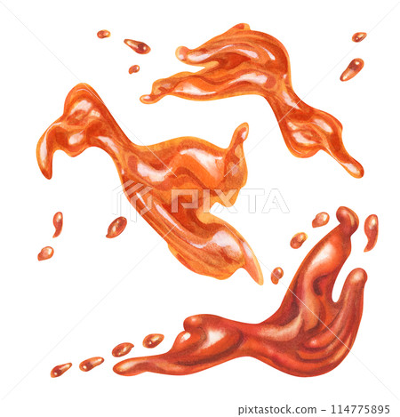 Apricot orange jam and juice, poured in waves and splashes. Watercolor illustration for design templates of sweet harvest, summer fruits, juices, canned food, marmalade and sweets Apricot orange jam and juice, poured in waves and splashes. Watercolor illustration for design templates of sweet harvest, summer fruits, juices, canned food, marmalade and sweets 114775895