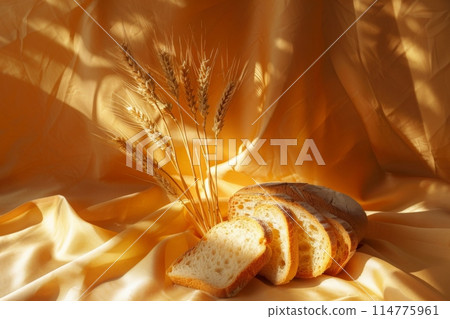 The concept of baking bread. Various breads and wheat varieties displayed on the table 114775961