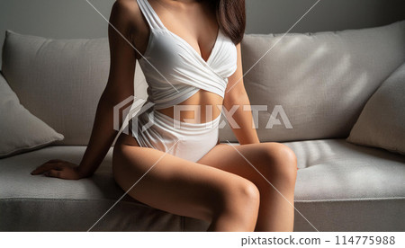 Glamorous woman in white lingerie 114775988