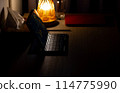 An aesthetic picture of laptop and pen with small amount of light from the lamp. Working at night concept.But Empty person. 114775990