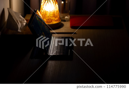 An aesthetic picture of laptop and pen with small amount of light from the lamp. Working at night concept.But Empty person. 114775990
