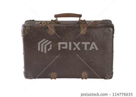 Old brown worn out suitcase isolated on white background with clipping path 114776035