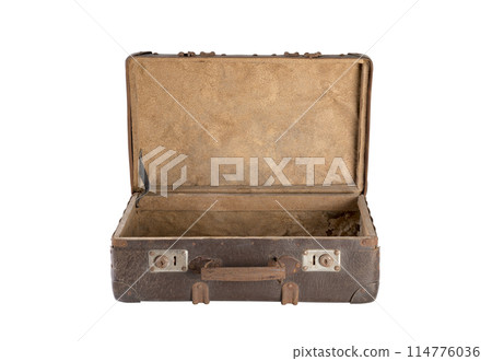 Old open brown worn out empty suitcase isolated on white background with clipping path 114776036