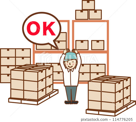 一名在倉庫工作的工人做出了「OK」的手勢。 114776205