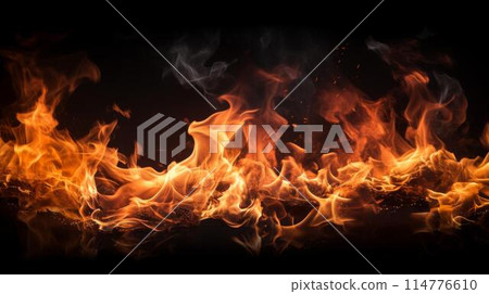 Fire flames isolated on black background. Abstract blaze fire flame texture background. 114776610