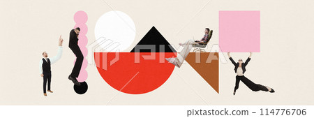 Banner. Contemporary art collage. People in formal attire, integrated with geometric shapes, highlighting creativity in modern business Banner. Contemporary art collage. People in formal attire, integrated with geometric shapes, highlighting creativity in modern business 114776706