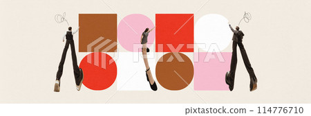 Banner. Contemporary art collage. office workers with long legs working together and pointing to colorful geometry figures. Banner. Contemporary art collage. office workers with long legs working together and pointing to colorful geometry figures. 114776710