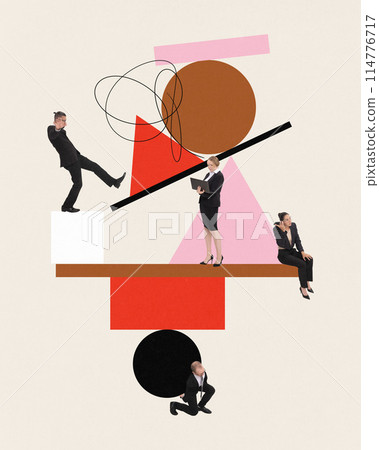 Contemporary art collage. Innovative problem-solving. Group of businessmen interacting with geometry shapes. Contemporary art collage. Innovative problem-solving. Group of businessmen interacting with geometry shapes. 114776717