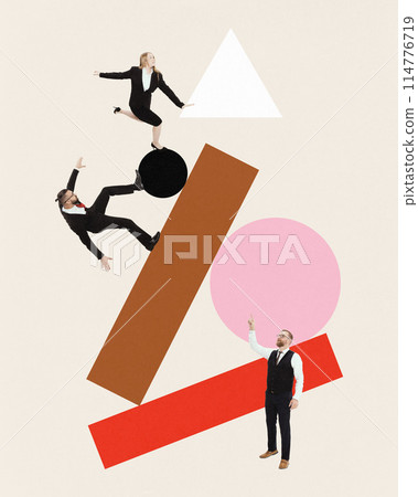 Contemporary art collage. People in formal attire interacting with geometric shapes, as they work in team to solve problems. Contemporary art collage. People in formal attire interacting with geometric shapes, as they work in team to solve problems. 114776719