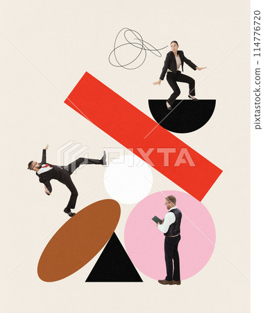 Contemporary art collage. People in formal attire interacting with geometric shapes, as they work in team in one project. Contemporary art collage. People in formal attire interacting with geometric shapes, as they work in team in one project. 114776720