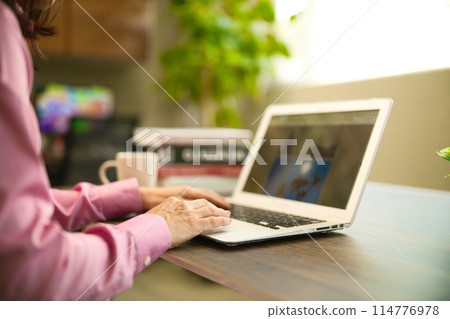 A middle-aged woman drinking coffee and looking at a computer A middle-aged woman drinking coffee and looking at a computer 114776978