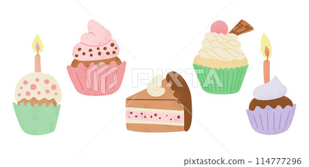 Birthday cake and cupcake set in flat style with dotted texture and in candy pastel colors. Vector holiday illustration. Flat drawings isolated on white background Birthday cake and cupcake set in flat style with dotted texture and in candy pastel colors. Vector holiday illustration. Flat drawings isolated on white background 114777296