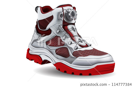 Realistic hiking shoe white red leather rubber fabric steel hook on white design for men vector Realistic hiking shoe white red leather rubber fabric steel hook on white design for men vector 114777384