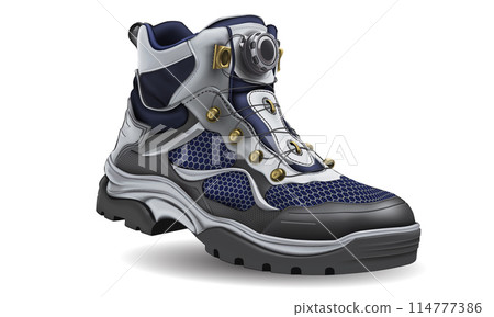 Realistic hiking shoe white leather black rubber blue fabric gold hook on white design for men vector 114777386