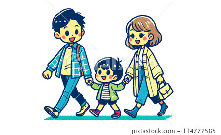 A happy family of three walking together 114777585