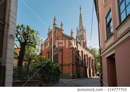 View of old ancient St Saviours anglican Church in Riga, Latvia. 114777705