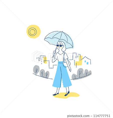 一位穿著防紫外線產品在城裡散步的女士 一位穿著防紫外線產品在城裡散步的女士 114777751