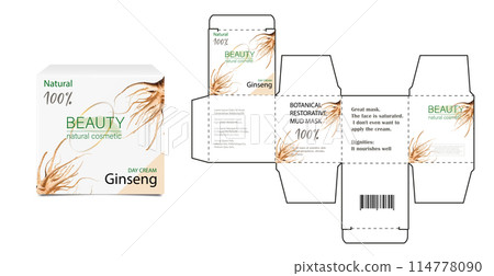 Design of the cosmetic packaging template. Cut. Cosmetic cream mask with ginseng in a closed box. Realistic 3D model. 114778090