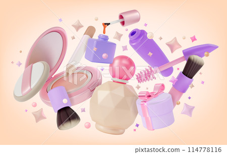 3d Top Must Have Makeup Products Product Concept Background Cartoon Design Style. Vector illustration of Fragrance, Powder, Mascara and Eyeliner 114778116